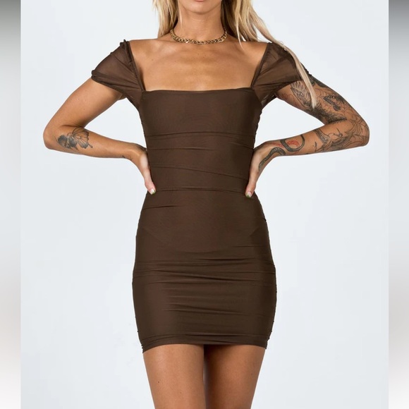 Princess Polly NWT Recycled Fibers Charvi Mesh Cap Sleeve Mini Dress Brown 2, 4 - Picture 7 of 7